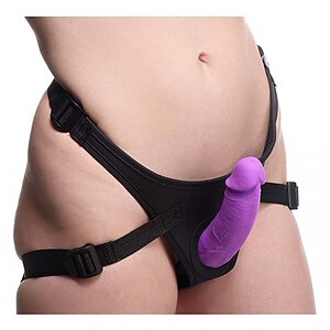 Double Charmer Silicone Double Dildo with Harness Mov pe Denysa.ro