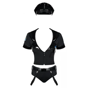 Set Costum Politista 6 Piese Negru Costum Politista Cu Fermoar Si Detalii Vinyl