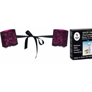 Pachet Cătușe Obsessive Roseberry Mov + Spray Stud 100 Original Roz pe Denysa.ro