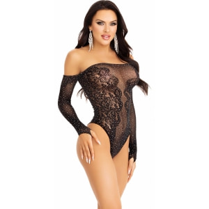 Teddy Pe Umeri Lăsați cu Cristale şi Dantelă Leg Avenue Negru XS-L