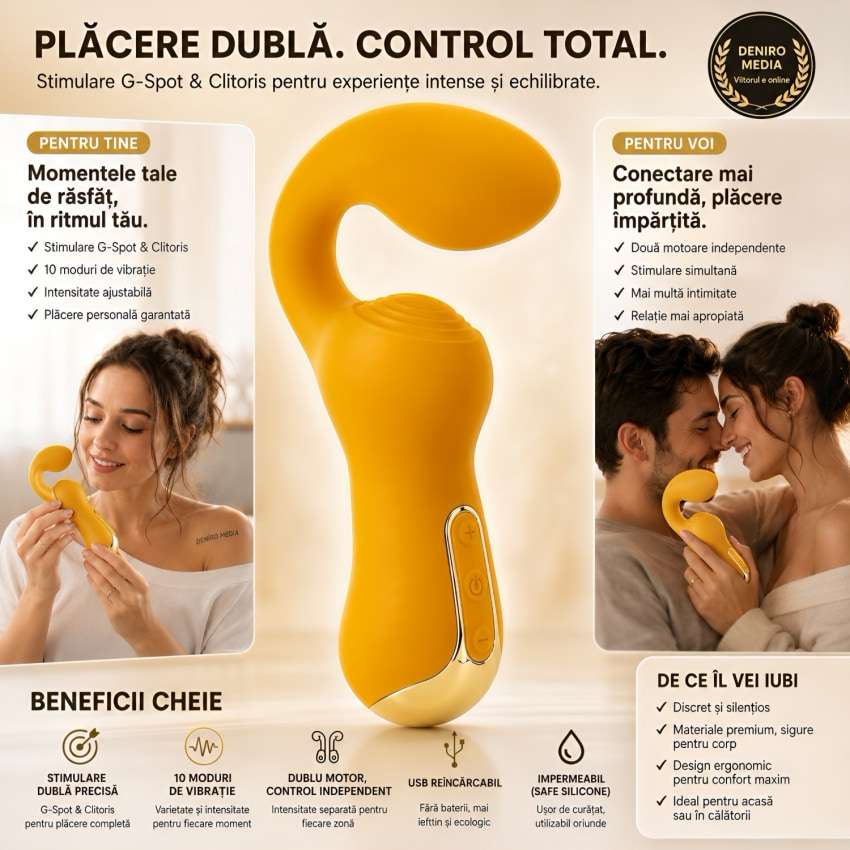 Dublu Stimulator încovoiat – 2 Motoare, 10 Moduri, Reîncărcabil Galben
