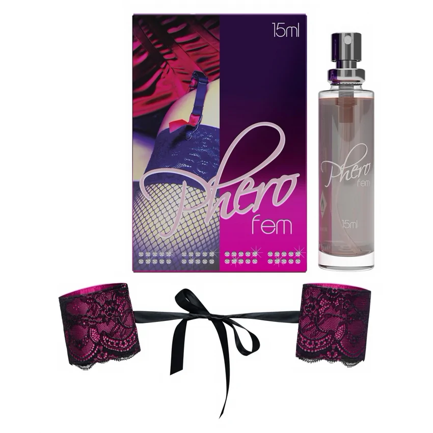 Pachet Parfum Feromoni PheroFem 15ml + Cătușe Obsessive Roseberry Mov Roz